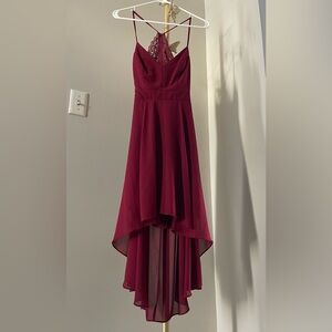 B. Smart Burgundy Backless Dress with Lace Detail